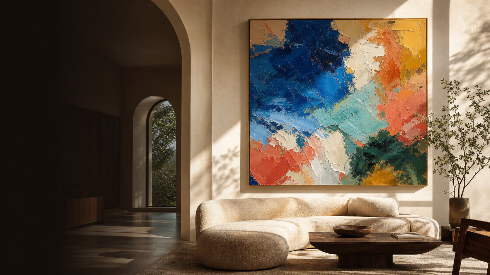 Late-summer contemporary living room featuring a vivid original abstract oil painting