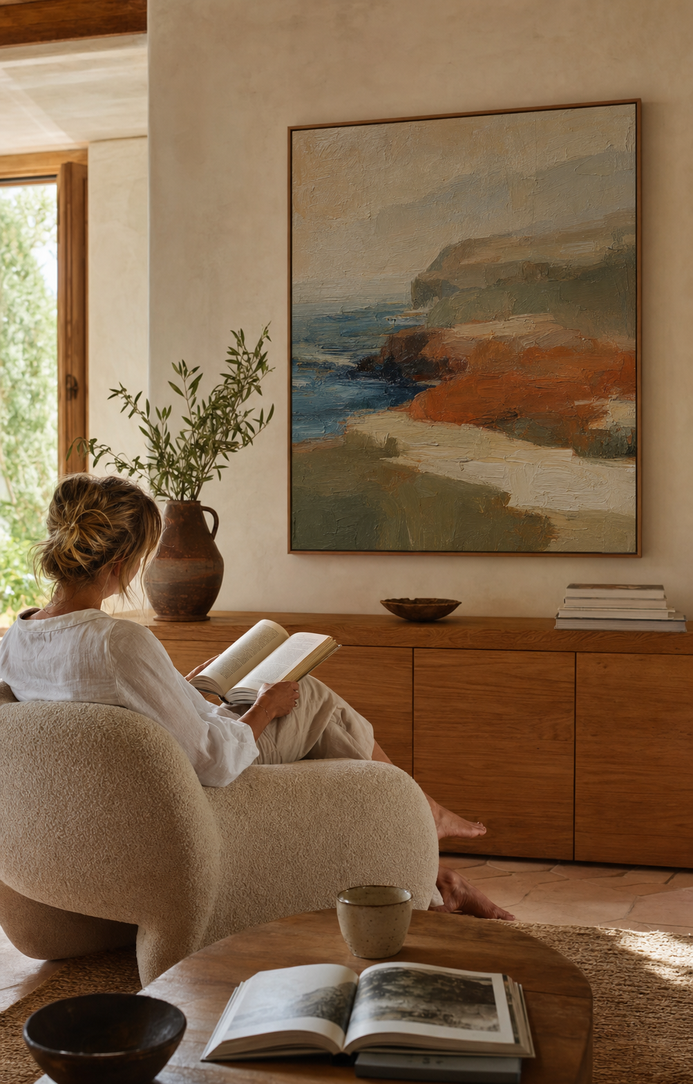 A reader enjoying a quiet, art-filled living room