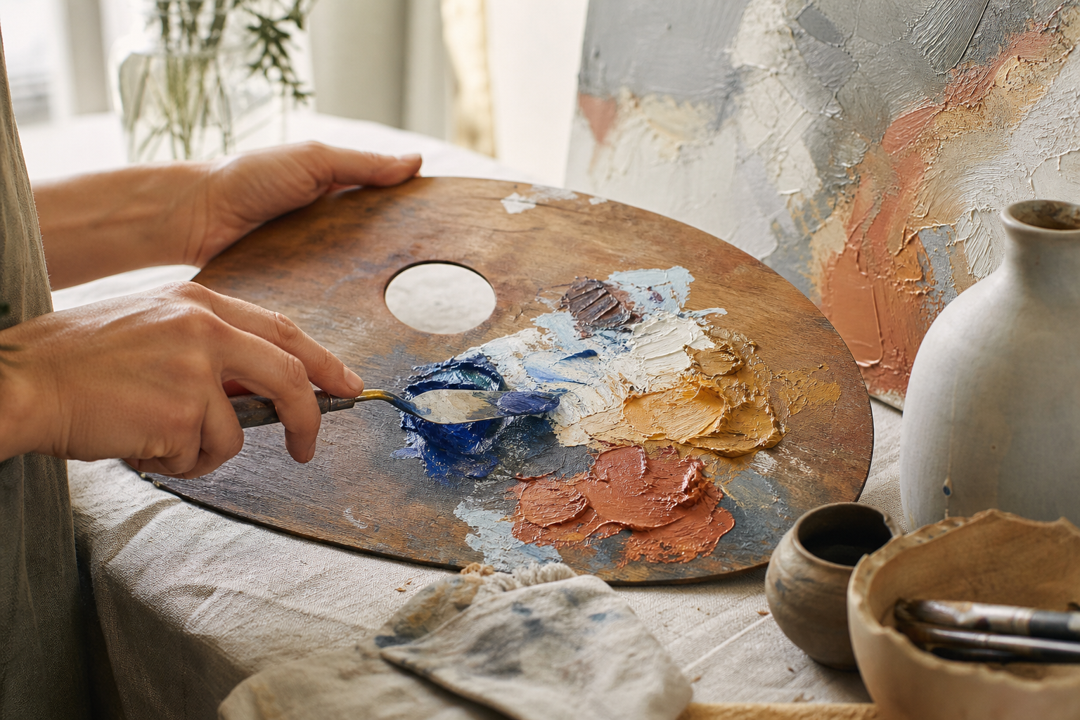 Artist mixing oil paint by hand in a sunlit studio
